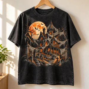 Washed black Haunted House Spider Shirt on wooden hanger showing full moon, mansion, webs and cemetery print