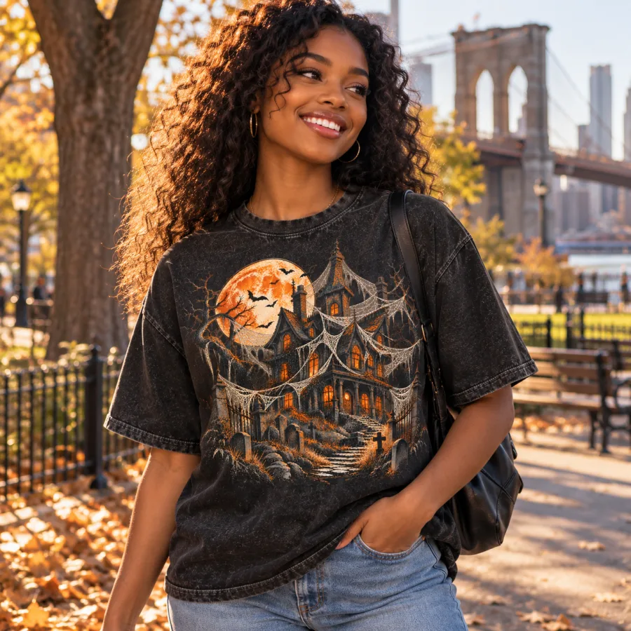 Woman wearing Haunted House Spider Shirt outdoors with the orange moon, giant webs and haunted mansion graphic clearly visible