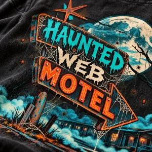 Close-up of Haunted Web Motel print showing distressed spider webs moon roadside sign and fabric texture