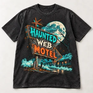 Front flat lay of washed black Haunted Web Motel vintage Halloween spider shirt with turquoise orange and cream artwork