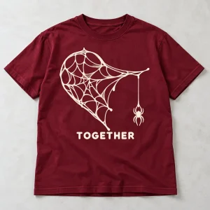 Front flat lay of burgundy Heart Web Pair Left spider web heart couple shirt