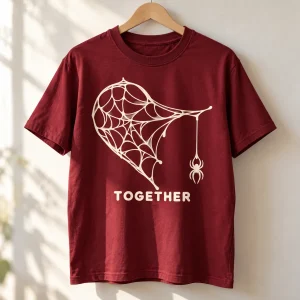 Burgundy Heart Web Pair Left tee on a wooden hanger