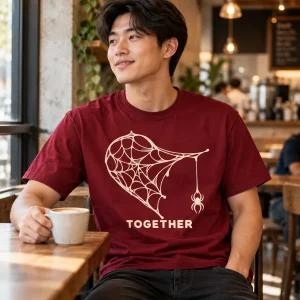 Couple in matching Heart Web Pair tees sitting together on a park bench in autumn