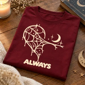 Folded burgundy Heart Web Pair Right shirt showing the ALWAYS text