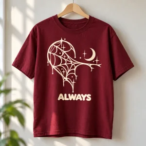 Burgundy Heart Web Pair Right tee on a wooden hanger