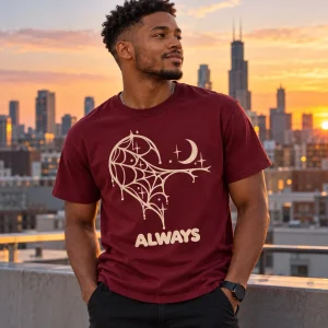 Couple in matching Heart Web Pair tees holding hands at a lakeside pier at sunset