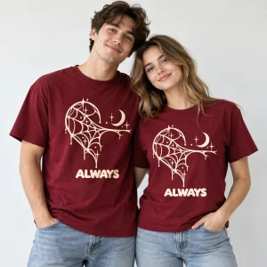 Woman wearing burgundy Heart Web Pair Right tee with dark denim