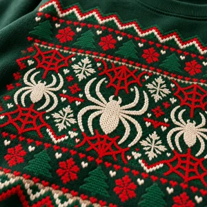 Close-up of faux-knit spider stitches and web snowflakes