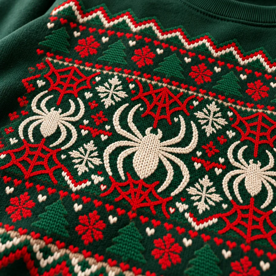 Close-up of faux-knit spider stitches and web snowflakes