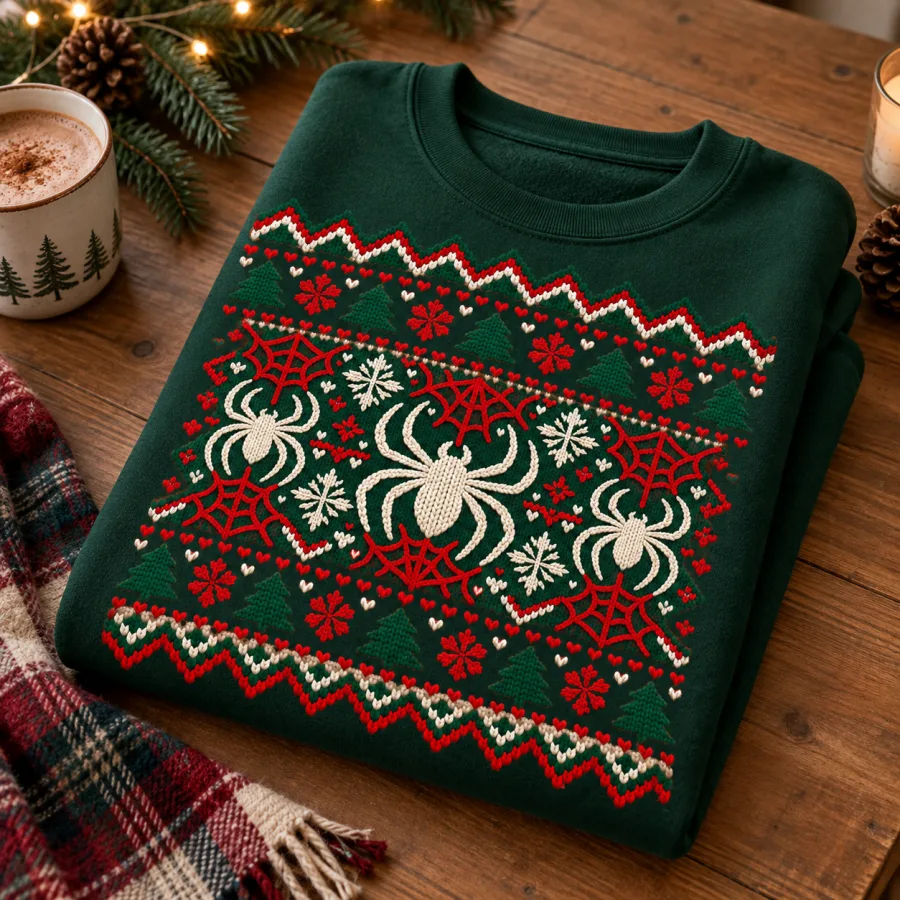 Folded dark green Knit Crawler Christmas sweatshirt with the knit pattern visible