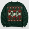 Front flat lay of dark green Knit Crawler Christmas spider christmas sweatshirt