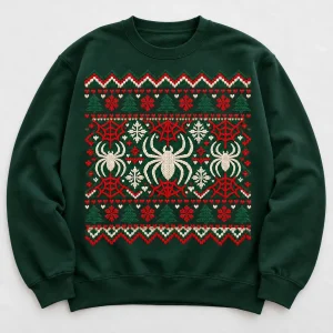 Front flat lay of dark green Knit Crawler Christmas spider christmas sweatshirt