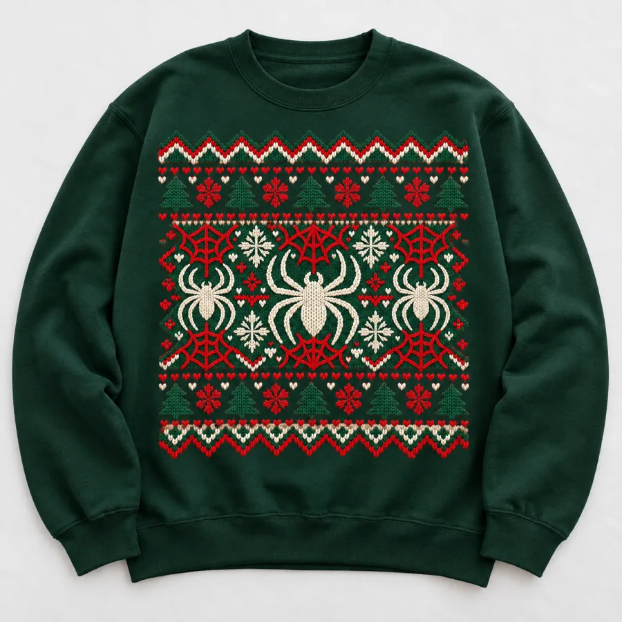 Front flat lay of dark green Knit Crawler Christmas spider christmas sweatshirt
