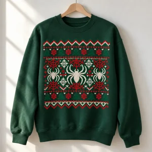 Dark green Knit Crawler Christmas sweatshirt on a wooden hanger