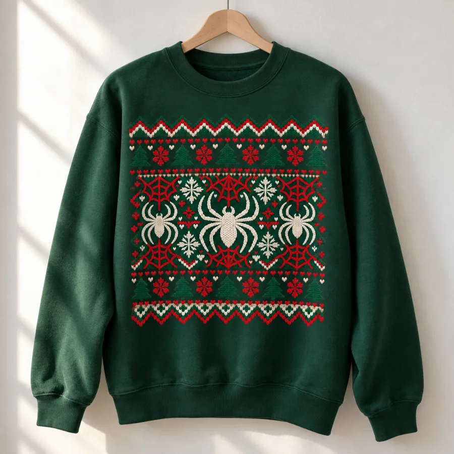 Dark green Knit Crawler Christmas sweatshirt on a wooden hanger