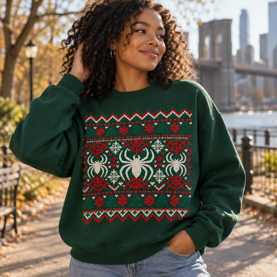 Friends at an ugly sweater party, one wearing the Knit Crawler Christmas sweatshirt