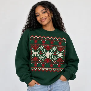 Man wearing dark green Knit Crawler Christmas crewneck at a holiday gathering