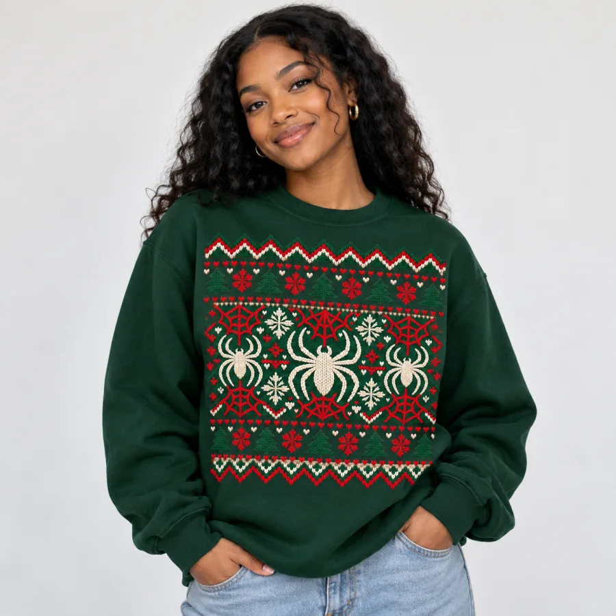 Man wearing dark green Knit Crawler Christmas crewneck at a holiday gathering