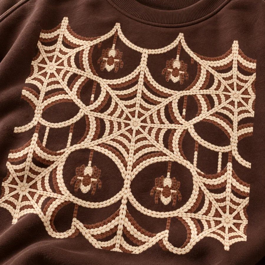 Close-up of Knit Web Illusion spider web sweater showing cream and brown faux knitted loops, tiny spiders and fabric texture