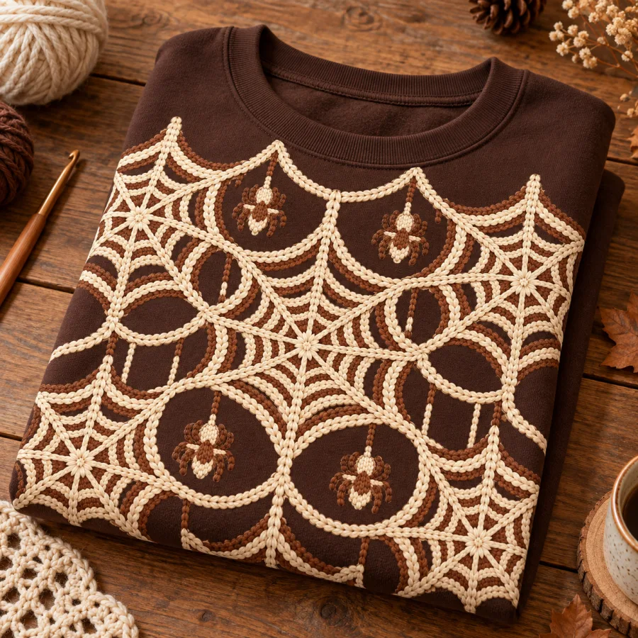 Folded chocolate brown Knit Web Illusion spider web sweater on a wooden table with the faux knitted web artwork visible