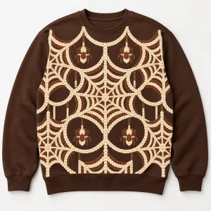 Front flat lay of chocolate brown Knit Web Illusion spider web sweater with cream and brown faux knitted orb-web print