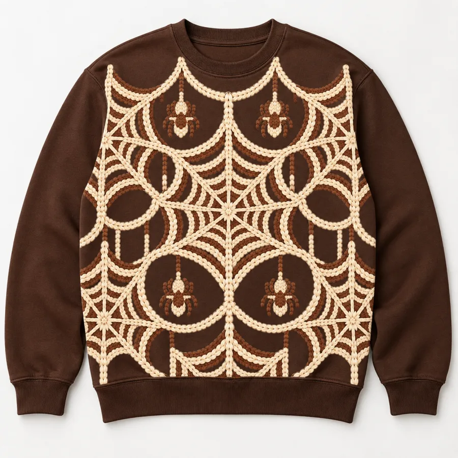 Front flat lay of chocolate brown Knit Web Illusion spider web sweater with cream and brown faux knitted orb-web print
