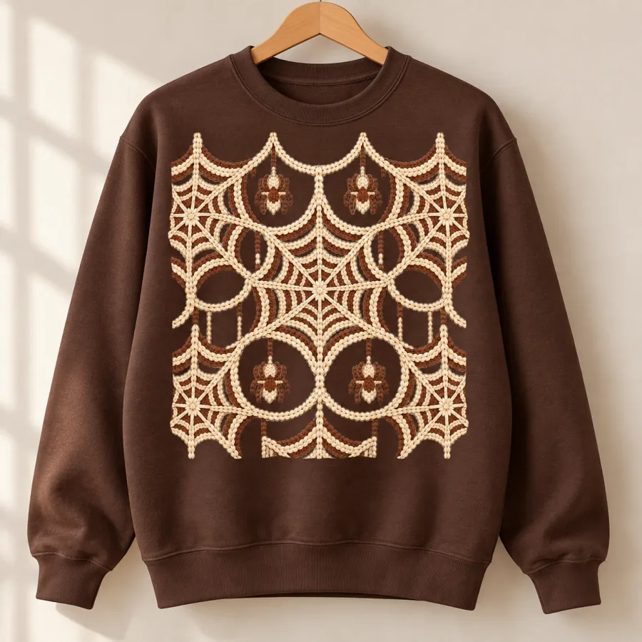 Chocolate brown Knit Web Illusion crewneck sweatshirt on a wooden hanger showing the cream and brown spider web print