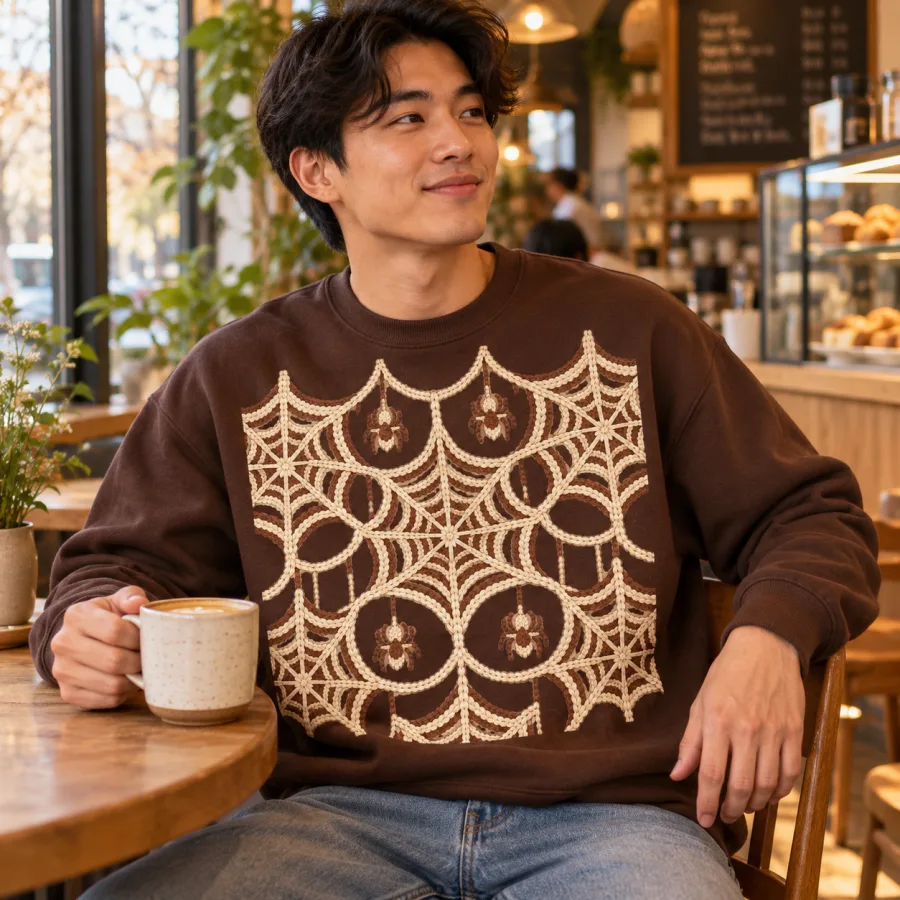 Asian American man wearing the chocolate brown Knit Web Illusion spider web sweater in a cozy coffee shop
