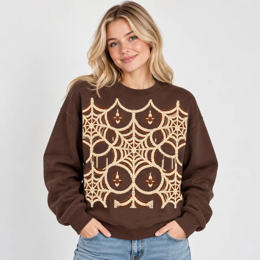 Blonde woman wearing the chocolate brown Knit Web Illusion spider web sweater with oversized cream knitted-look web graphic