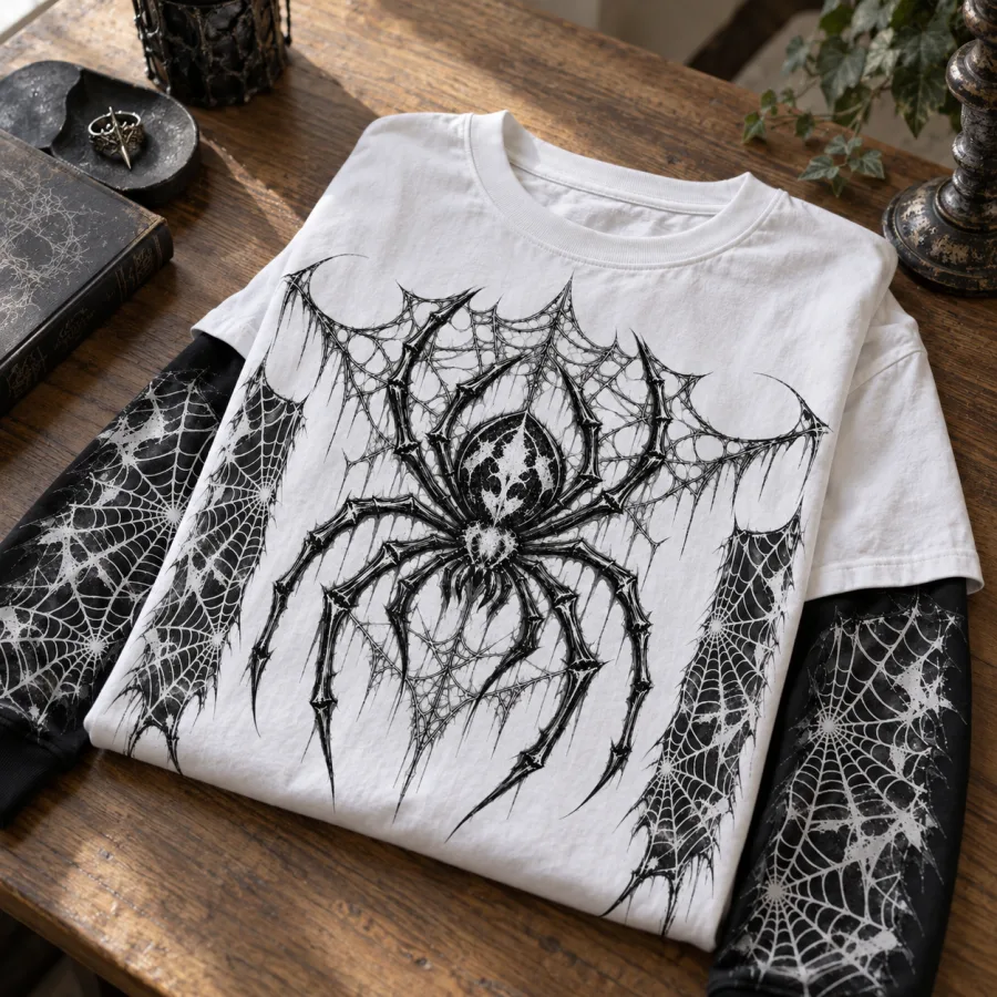 Folded Layered Night Web tee showing the distressed spider graphic