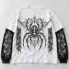 Front flat lay of Layered Night Web layered spider shirt with black web-grid sleeves