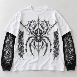 Front flat lay of Layered Night Web layered spider shirt with black web-grid sleeves