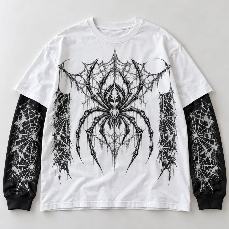 Front flat lay of Layered Night Web layered spider shirt with black web-grid sleeves