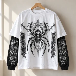 Layered Night Web white and black long sleeve on a metal hanger