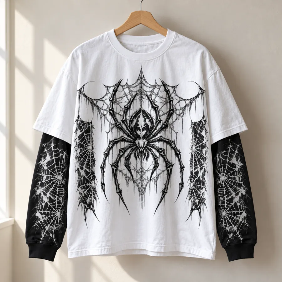 Layered Night Web white and black long sleeve on a metal hanger