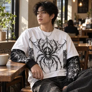Teen in Layered Night Web spider shirt holding a skateboard outside a record store