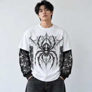 Model wearing Layered Night Web long sleeve tee with baggy jeans