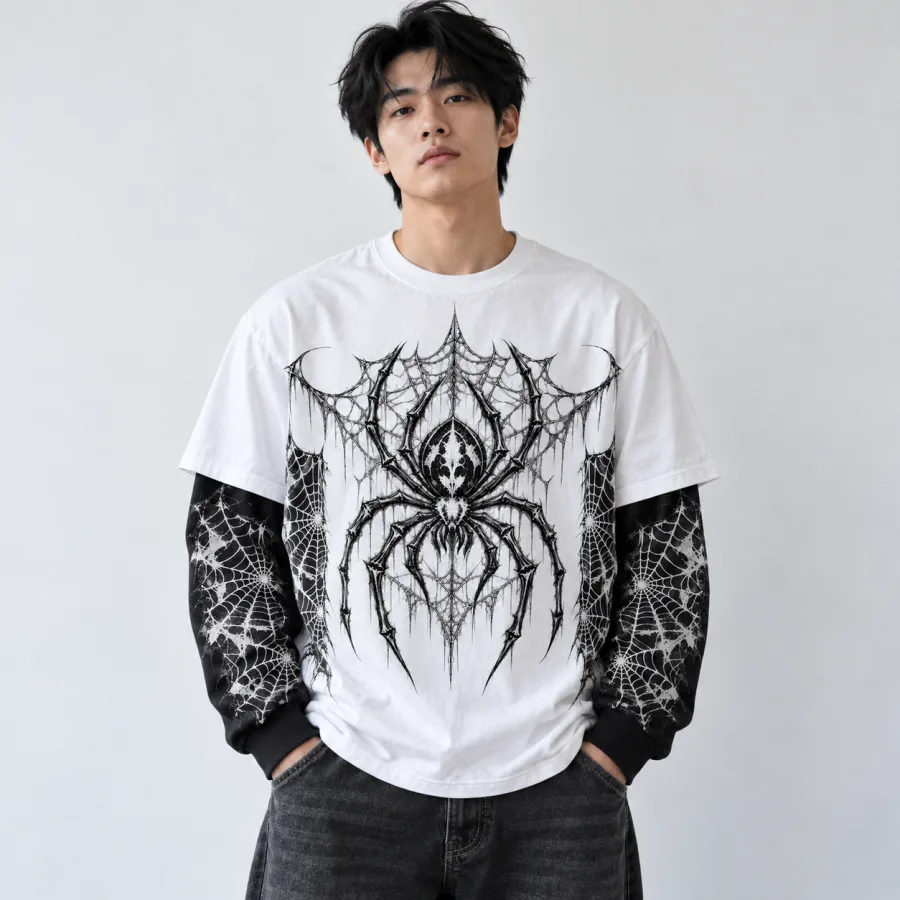 Model wearing Layered Night Web long sleeve tee with baggy jeans