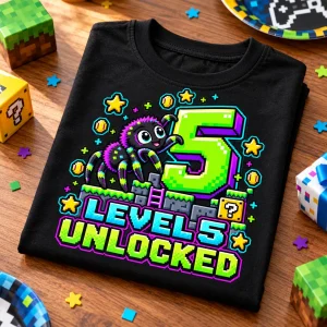Close-up of Level 5 Crawler pixel spider birthday print on black cotton fabric showing colorful print detail