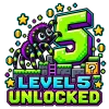 Front flat lay of Black Kids Level 5 Crawler spider 5th birthday shirt with colorful pixel number 5 artwork