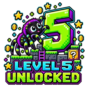 Front flat lay of Black Kids Level 5 Crawler spider 5th birthday shirt with colorful pixel number 5 artwork