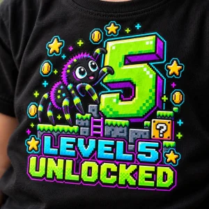 Lifestyle photo of a child wearing the Black Level 5 Crawler spider 5th birthday shirt in a warm casual setting
