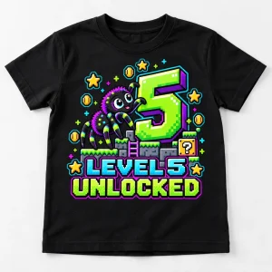 Child model wearing Black Level 5 Crawler spider 5th birthday shirt with LEVEL 5 UNLOCKED graphic