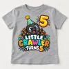 Front flat lay of Heather gray Little Crawler Turns 5 toddler birthday tee with colorful spider graphic