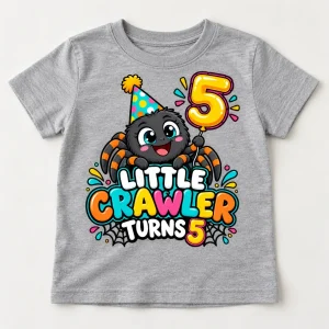 Front flat lay of Heather gray Little Crawler Turns 5 toddler birthday tee with colorful spider graphic