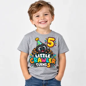 Child model wearing Heather gray Little Crawler Turns 5 spider birthday shirt with front print visible
