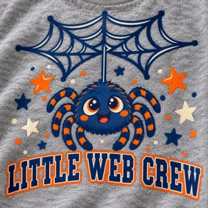 Close-up of Little Web Crew spider print on Heather gray fabric showing web stars lettering and cotton texture