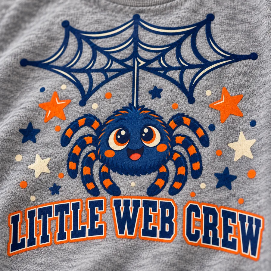 Close-up of Little Web Crew spider print on Heather gray fabric showing web stars lettering and cotton texture