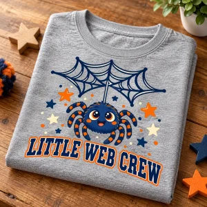 Folded Heather gray Little Web Crew kids family spider shirt showing the blue orange and cream front print
