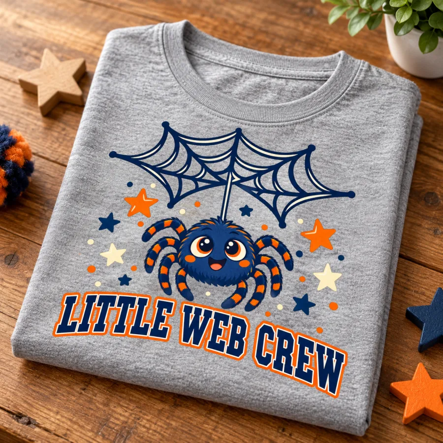 Folded Heather gray Little Web Crew kids family spider shirt showing the blue orange and cream front print